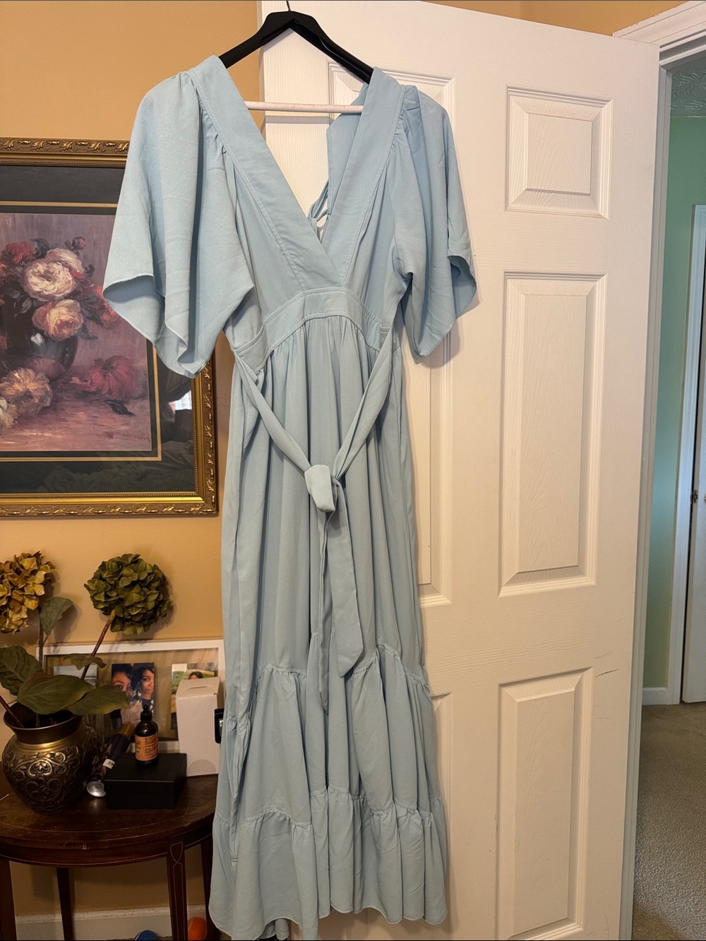 Light Blue V-Neck Tiered Maxi Dress with belt!